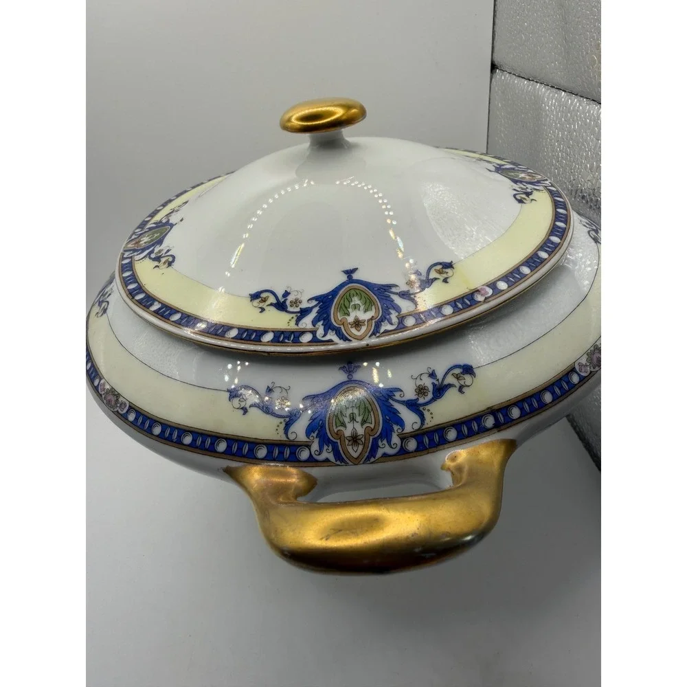 Victoria Czecho-Slovakia Porcelain Lidded Tureen Gold Gilt BlueCream ServingBowl